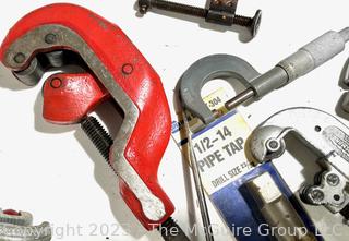 Collection of Shop Tools Including Various Sized Gear Pullers and Metal Pipe Cutter 