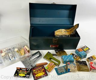 Vintage Metal Tool Box and contents, which include Staplers and Rivets