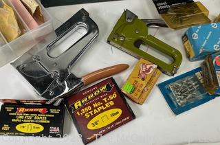 Vintage Metal Tool Box and contents, which include Staplers and Rivets