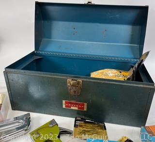 Vintage Metal Tool Box and contents, which include Staplers and Rivets