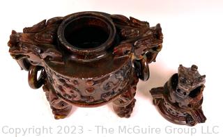 Antique Carved Purple Agate Chinese Dragon Incense Censer.  13" x 16"