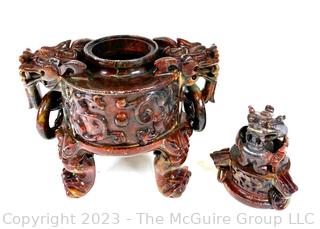 Antique Carved Purple Agate Chinese Dragon Incense Censer.  13" x 16"