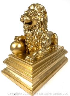 Gilt Painted Resin Lion De Waterloo Statue.  10" long x 10" tall.