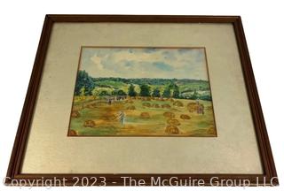 Framed Under Glass Watercolor of Farmer in a Hayfield Signed by Artist Lilian Giffen (1872-1950). 16" X 19"