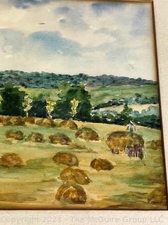 Framed Under Glass Watercolor of Farmer in a Hayfield Signed by Artist Lilian Giffen (1872-1950). 16" X 19"