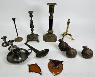 Group of Metal Decorative Items Including Candle Sticks and Sun Catchers