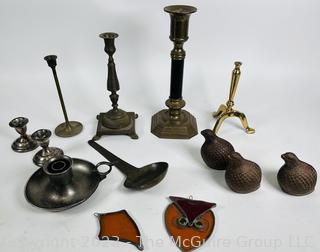 Group of Metal Decorative Items Including Candle Sticks and Sun Catchers