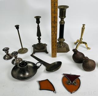 Group of Metal Decorative Items Including Candle Sticks and Sun Catchers