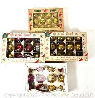 Four (4) Boxes of Vintage Mercury Glass Ornaments Including Shiny Brite and Trim Time.