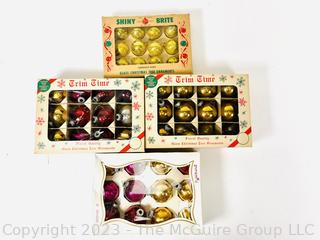 Four (4) Boxes of Vintage Mercury Glass Ornaments Including Shiny Brite and Trim Time.