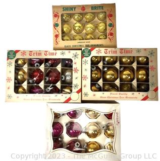 Four (4) Boxes of Vintage Mercury Glass Ornaments Including Shiny Brite and Trim Time.