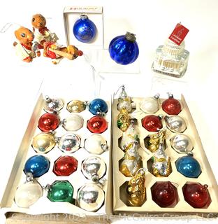 Collection of Vintage Christmas Ornaments Including Glass Blown Squirrels 