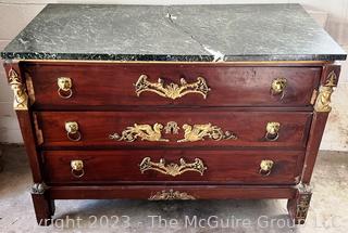 Regency Style Ormolu-Mounted Commode Chest of Drawers with Marble Top.  Crack in Marble and Missing Veneer.  51" x 26" x 38"