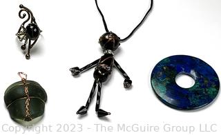 Collection of Jewelry Including Lampwork Bead Necklace and Stone Pendants.