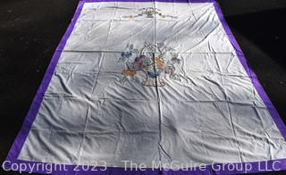 Hand Embroidered Flower Basket Bouquet Linen Coverlet with Purple Trim.  73" x 95"