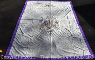 Hand Embroidered Flower Basket Bouquet Linen Coverlet with Purple Trim.  73" x 95"