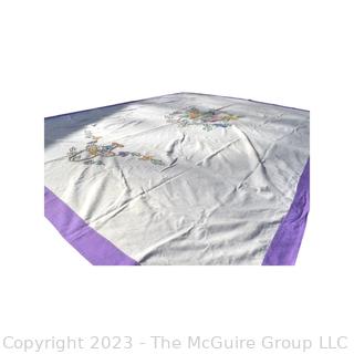 Hand Embroidered Flower Basket Bouquet Linen Coverlet with Purple Trim.  73" x 95"