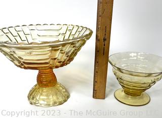 Two (2) Round Amberina Glass Pedestal Compote Bowls 