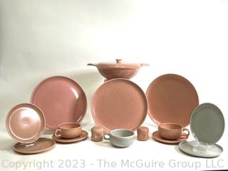 Mid Century Russel Wright Steubenville Dishware Set in Granite Grey and Coral Pink.