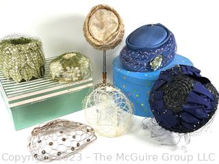 Seven (7) Vintage Spring Hats Including Facinators With Hat Boxes. 