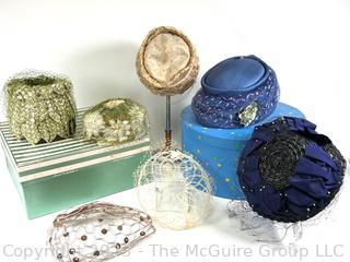 Seven (7) Vintage Spring Hats Including Facinators With Hat Boxes. 