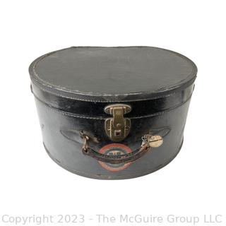 Excelsior Black Travel Hat Box Train Case With Travel Sticker and Key.  18" diameter. 