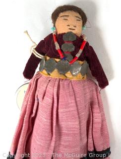 Vintage Native American Navajo Folk Art Doll with Hammered Metal Ornament.