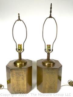 Two (2) Chinese Incised Brass Tea Canister Table Lamps
