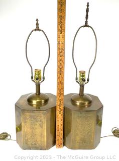 Two (2) Chinese Incised Brass Tea Canister Table Lamps
