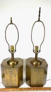 Two (2) Chinese Incised Brass Tea Canister Table Lamps
