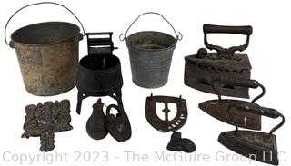 Group of Cast Iron Tools Including SAD Irons and Coal Steam Iron.