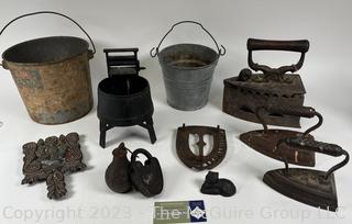 Group of Cast Iron Tools Including SAD Irons and Coal Steam Iron.