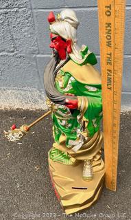 Gilt Painted Carved Wood Standing Buddhist Coin Money Bank of Warrior Guan Gong, God of Wealth. 22" 'tall.  Coins inside Included