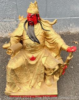 Gilt Painted Buddhist Sculpture of Seated Guan Gong, God of Wealth. 