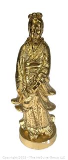 Gilt Painted Ceramic Guanyin Statue, Buddhist Goddess of Compassion.  21" tall. Small chip in base. 