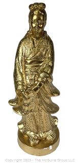 Gilt Painted Ceramic Guanyin Statue, Buddhist Goddess of Compassion.  21" tall. Small chip in base. 