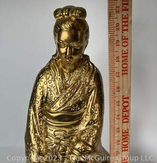 Gilt Painted Ceramic Guanyin Statue, Buddhist Goddess of Compassion.  21" tall. Small chip in base. 