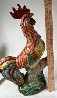 Vintage Hand Painted Pottery Rooster.  20" tall, 10" wide & 8" deep. 