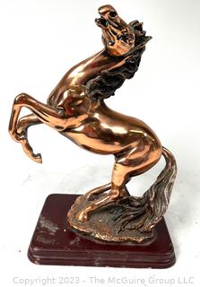 Copper Finish Large Rearing Horse Sculpture on Wood Base. 