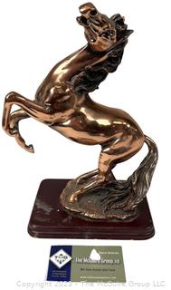 Copper Finish Large Rearing Horse Sculpture on Wood Base. 