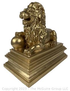 Gilt Painted Resin Lion De Waterloo Statue.  10" long x 10" tall.