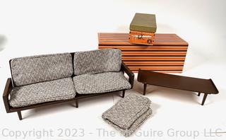 Vintage 1958 Mattel Modern Mid-Century Style Teak Wood Sofa and Coffee Table Barbie Furniture in Original Boxes.