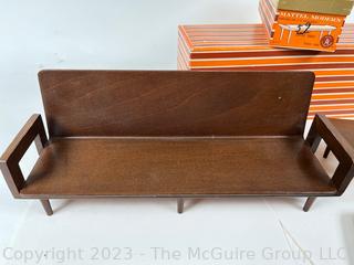 Vintage 1958 Mattel Modern Mid-Century Style Teak Wood Sofa and Coffee Table Barbie Furniture in Original Boxes.