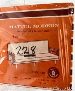 Vintage 1958 Mattel Modern Mid-Century Style Teak Wood Sofa and Coffee Table Barbie Furniture in Original Boxes.