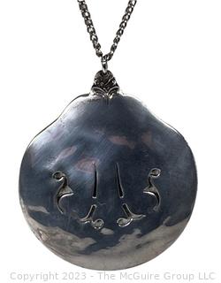 Large Flat Sterling Silver Hammered with Asian Script Pendant on Chain.