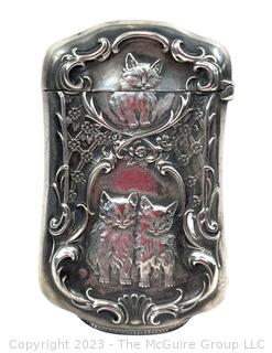 Victorian Sterling Silver Repousse Vesta Match Safe with Cat Design