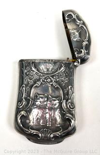 Victorian Sterling Silver Repousse Vesta Match Safe with Cat Design