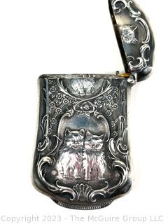 Victorian Sterling Silver Repousse Vesta Match Safe with Cat Design