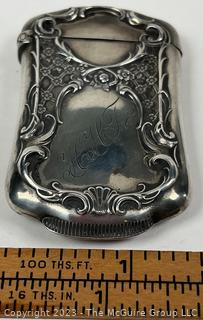 Victorian Sterling Silver Repousse Vesta Match Safe with Cat Design