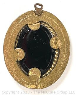 Victorian Black Jet or Glass & Brass Cameo Mourning Locket. 2" tall.